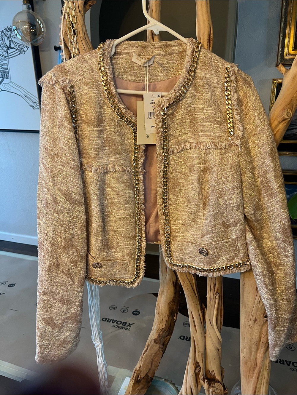 Ramy Brook Metallic Tweed Chain-Trim Blazer in Champagne